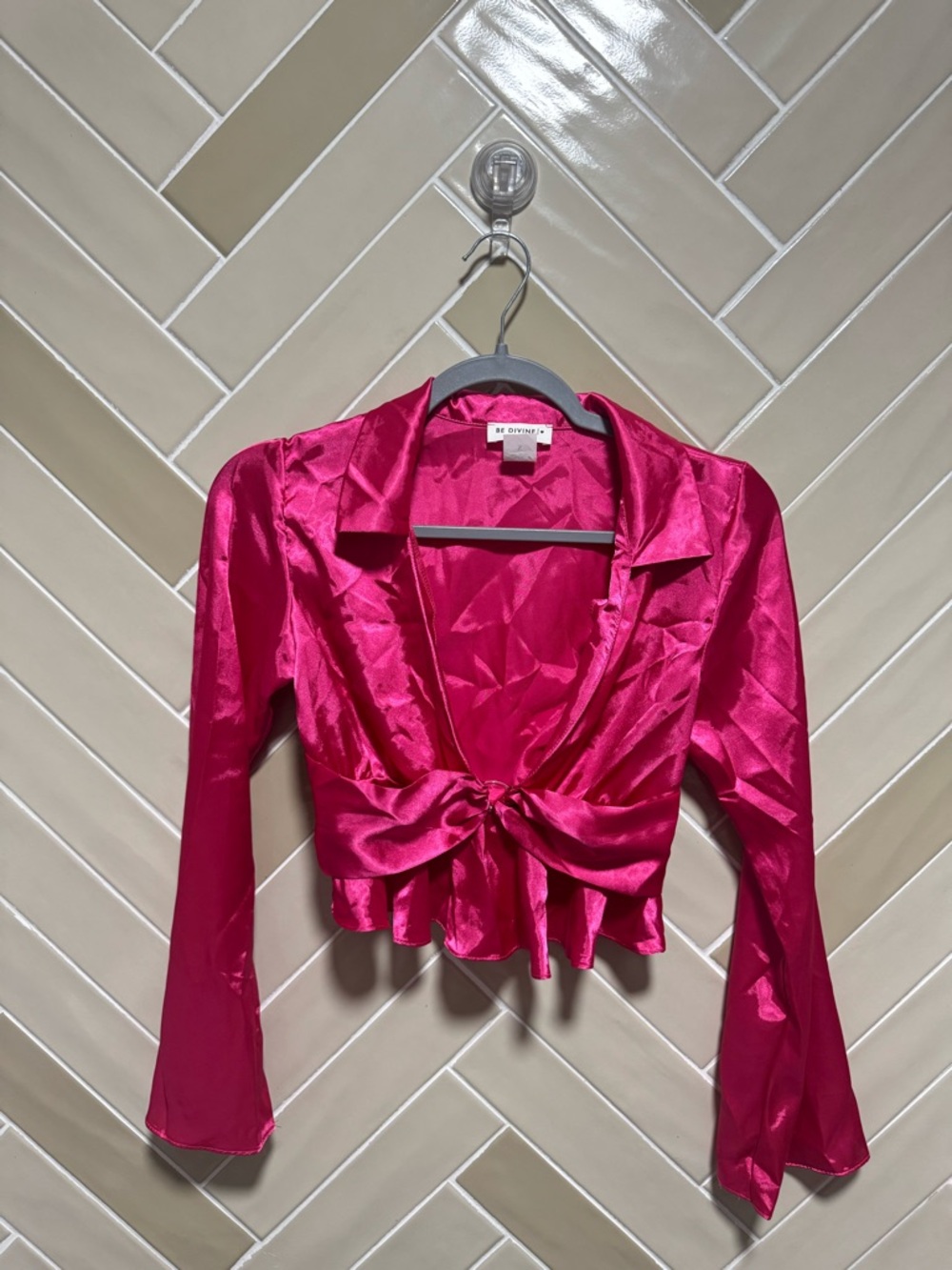 Vintage Pink Satin Tie-Front Cropped Blouse
